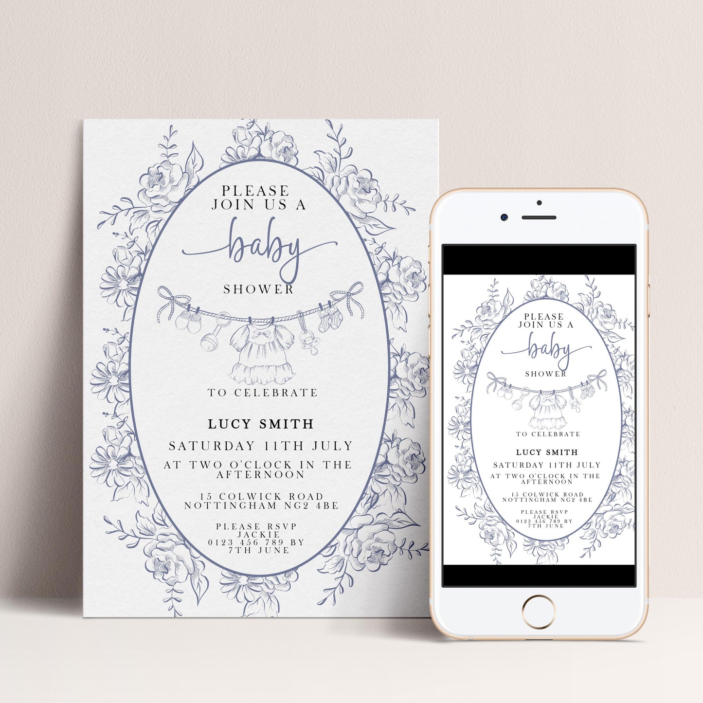 Baby Shower Invitation: Blue Toile Floral - Editable Digital Template