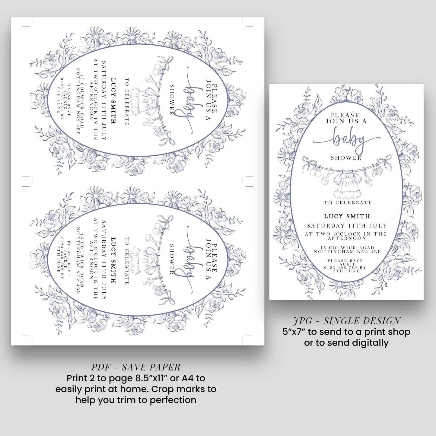 Baby Shower Invitation: Blue Toile Floral - Editable Digital Template