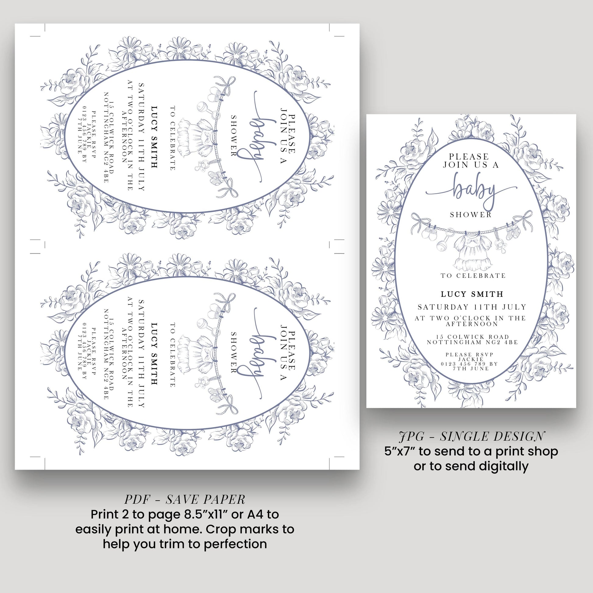 Baby Shower Invitation: Blue Toile Floral - Editable Digital Template