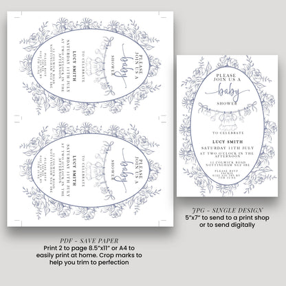Baby Shower Invitation: Blue Toile Floral - Editable Digital Template
