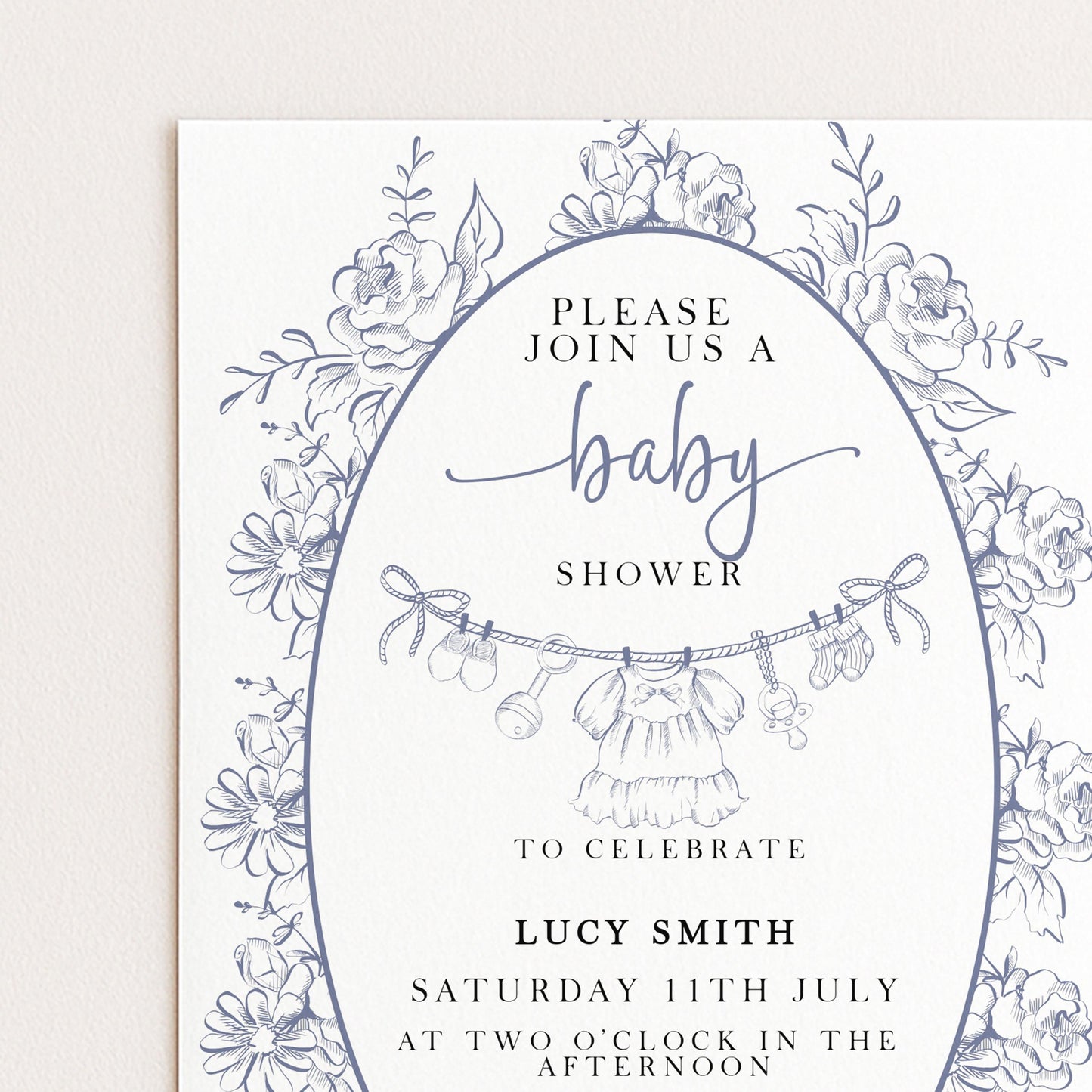 Baby Shower Invitation: Blue Toile Floral - Editable Digital Template