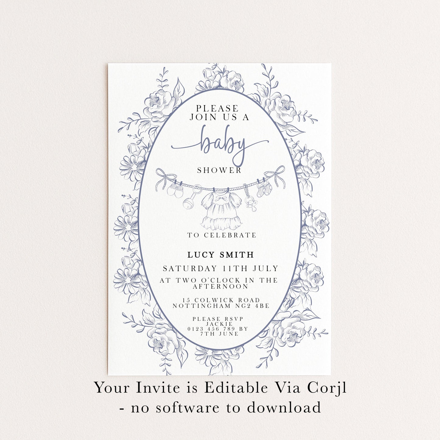 Baby Shower Invitation: Blue Toile Floral - Editable Digital Template