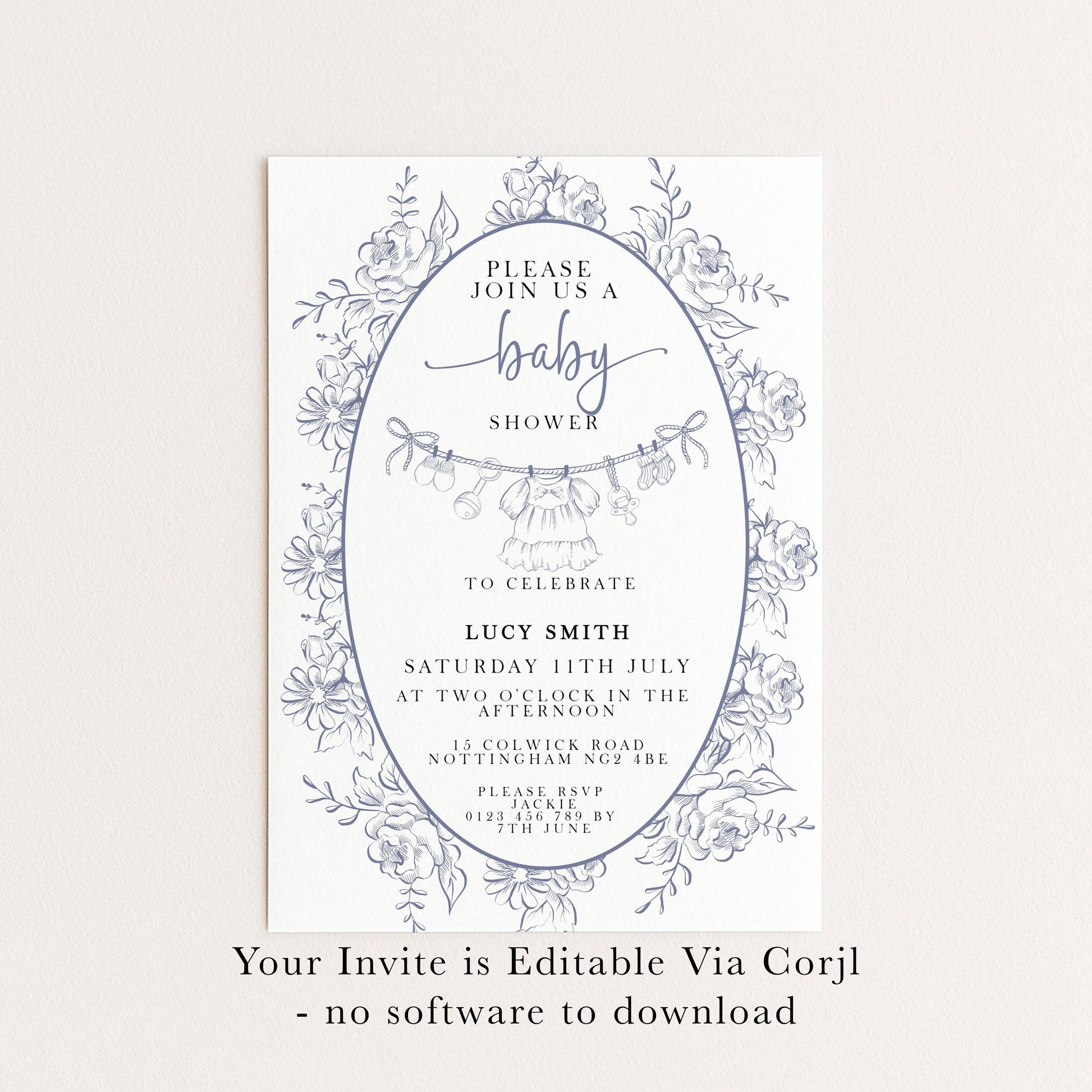Baby Shower Invitation: Blue Toile Floral - Editable Digital Template
