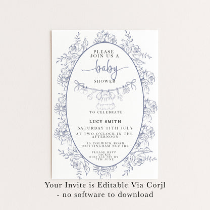 Baby Shower Invitation: Blue Toile Floral - Editable Digital Template