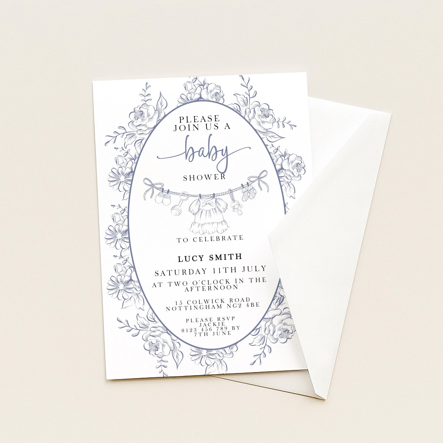 Baby Shower Invitation: Blue Toile Floral - Editable Digital Template
