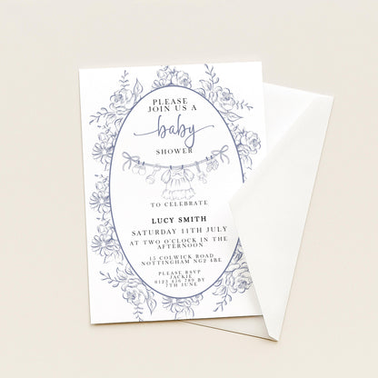 Baby Shower Invitation: Blue Toile Floral - Editable Digital Template