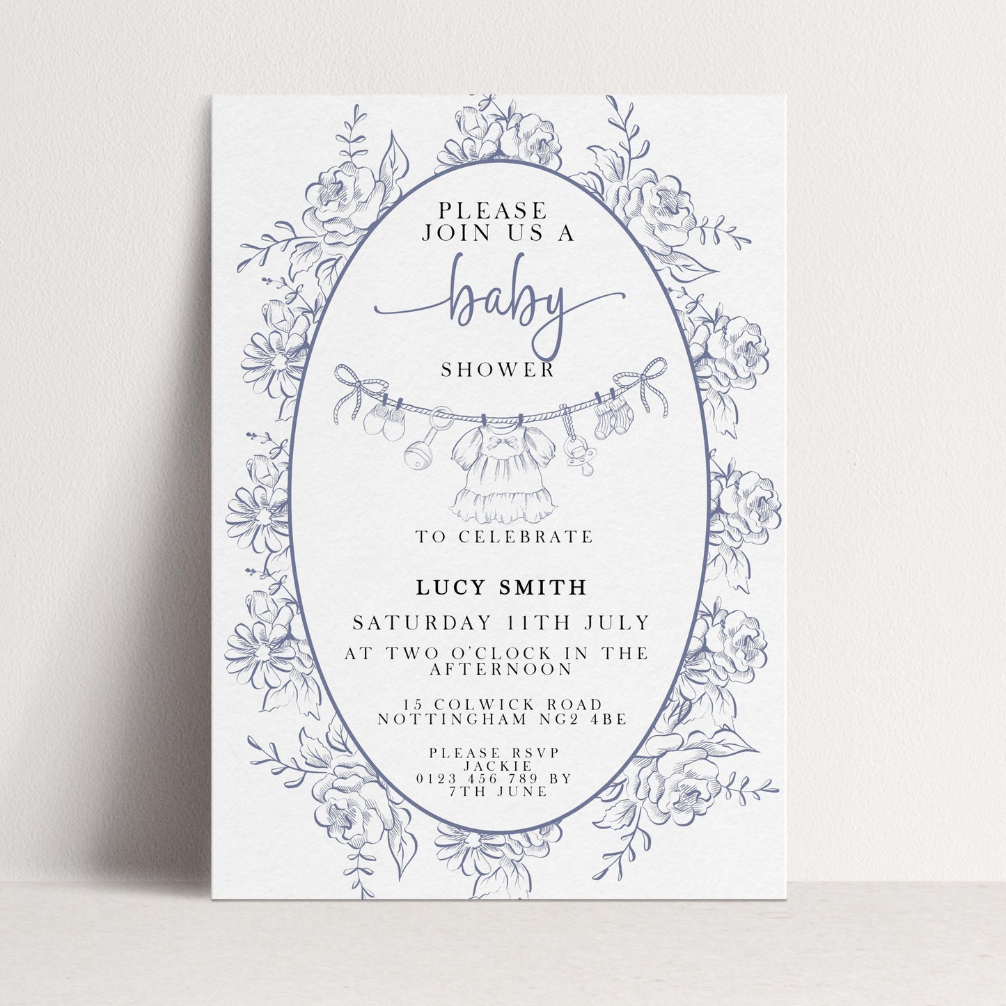 Baby Shower Invitation: Blue Toile Floral - Editable Digital Template