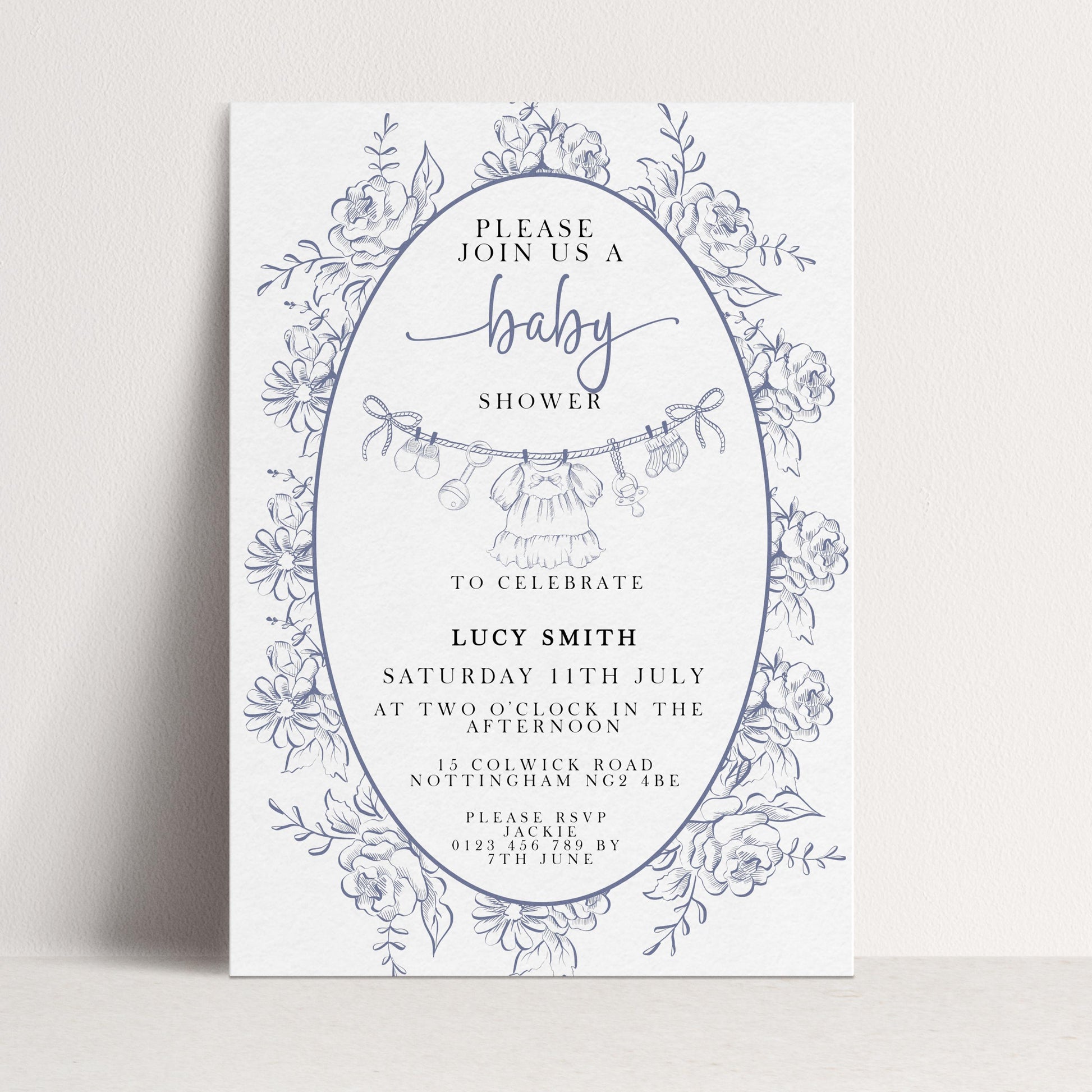 Baby Shower Invitation: Blue Toile Floral - Editable Digital Template