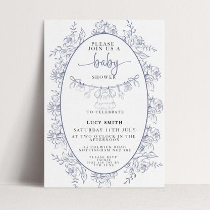 Baby Shower Invitation: Blue Toile Floral - Editable Digital Template