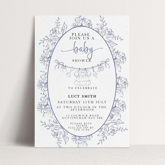 Baby Shower Invitation: Blue Toile Floral - Editable Digital Template