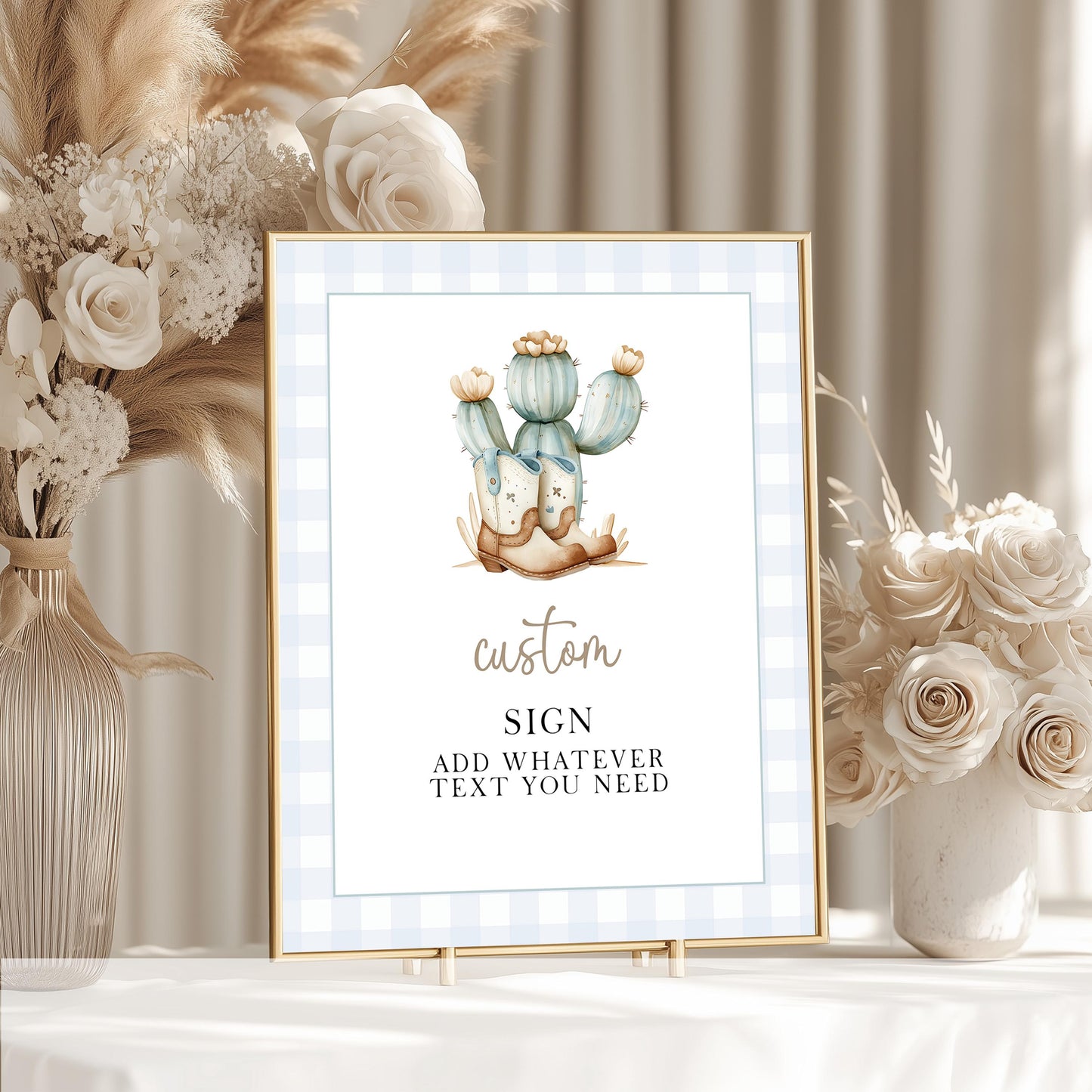 Baby Shower Party Sign: Cowboy Cactus Design - Editable Blue Gingham