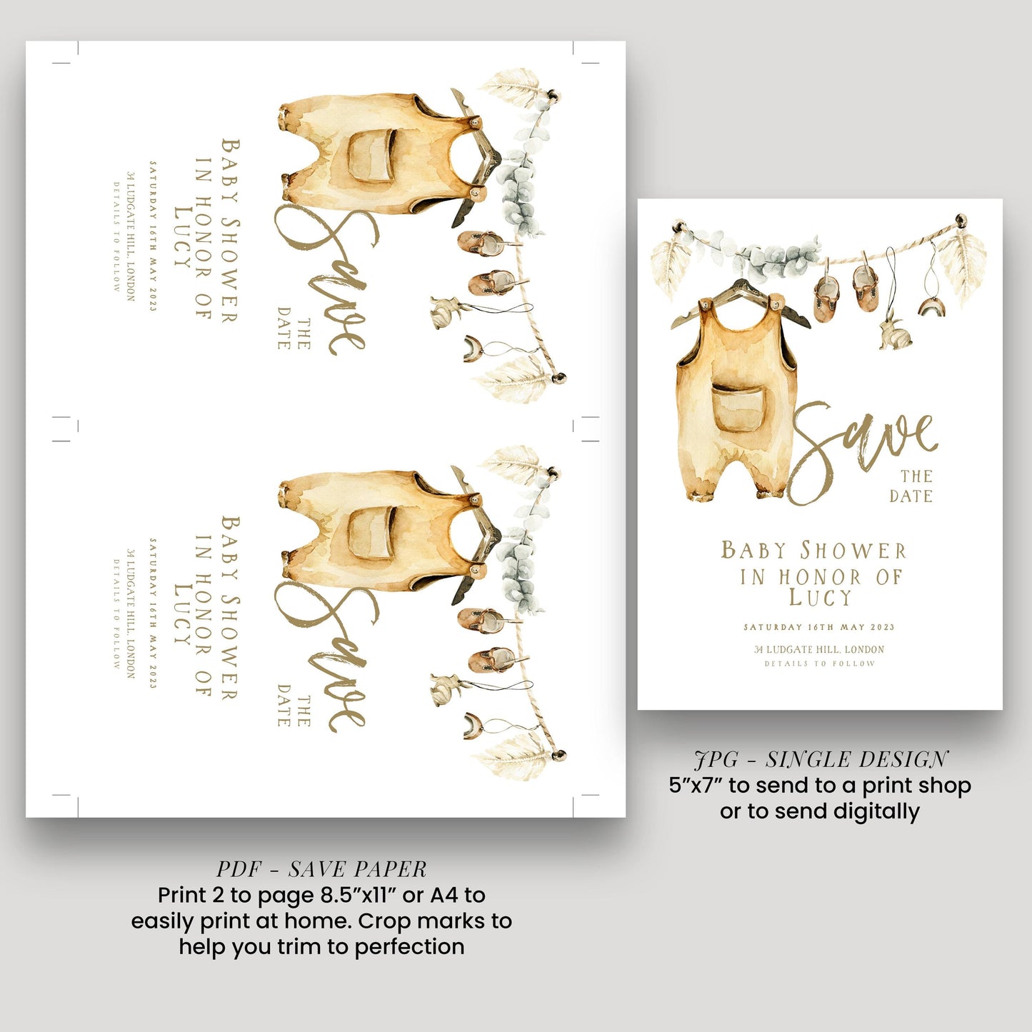 a baby shower invitation with a baby onesie and a baby shower banner. The invitation is designed for a baby shower in honor of Lucy, dated Saturday, 16th May, and includes details about the event.