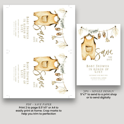 a baby shower invitation with a baby onesie and a baby shower banner. The invitation is designed for a baby shower in honor of Lucy, dated Saturday, 16th May, and includes details about the event.