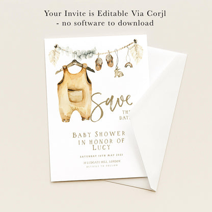 The image is a baby shower invitation card with a watercolor illustration of baby clothes and accessories, along with text providing details about the event.