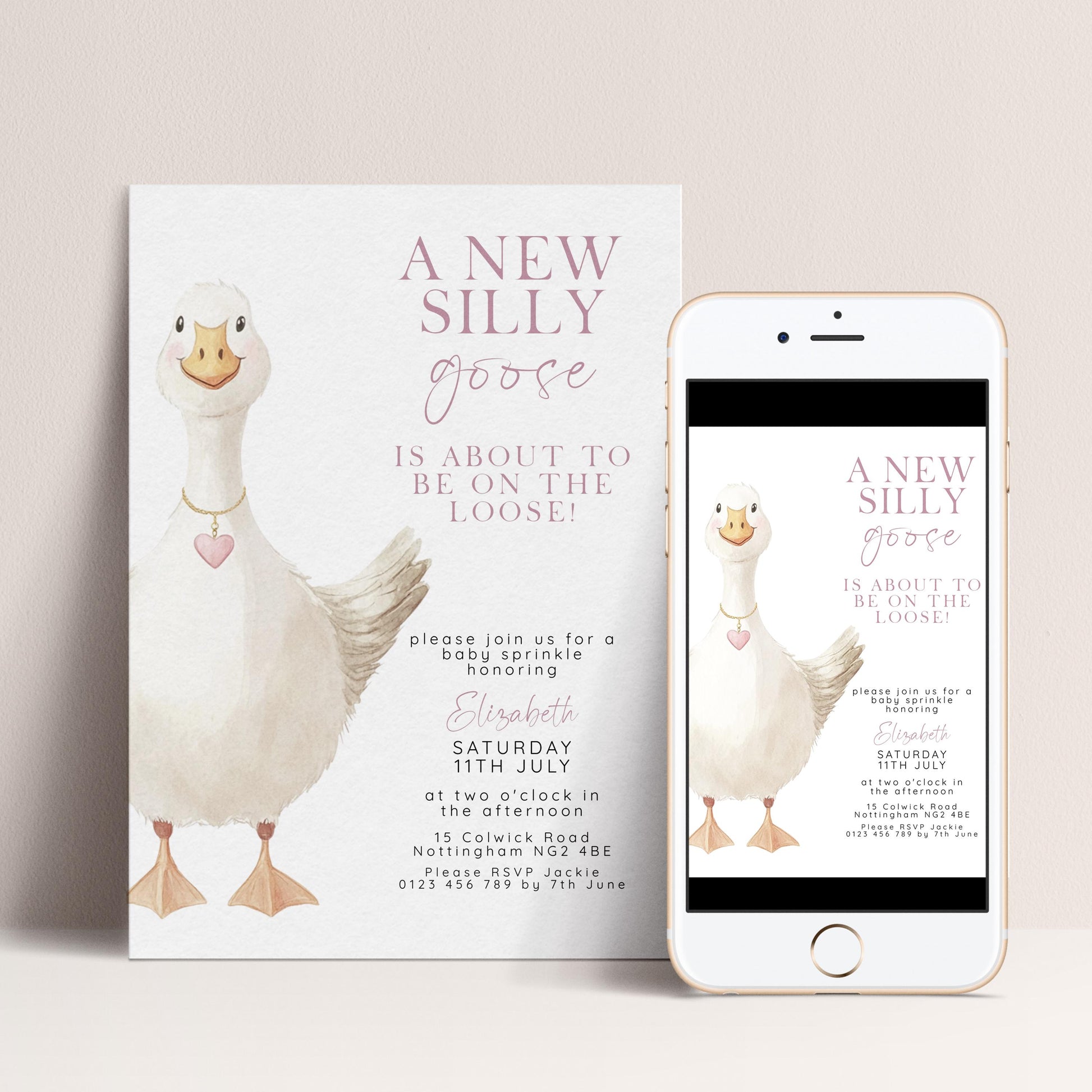 Baby Sprinkle Invitation Goose Theme, Pink Baby Shower Invite, Cute Baby Sprinkle, Editable Template SG21