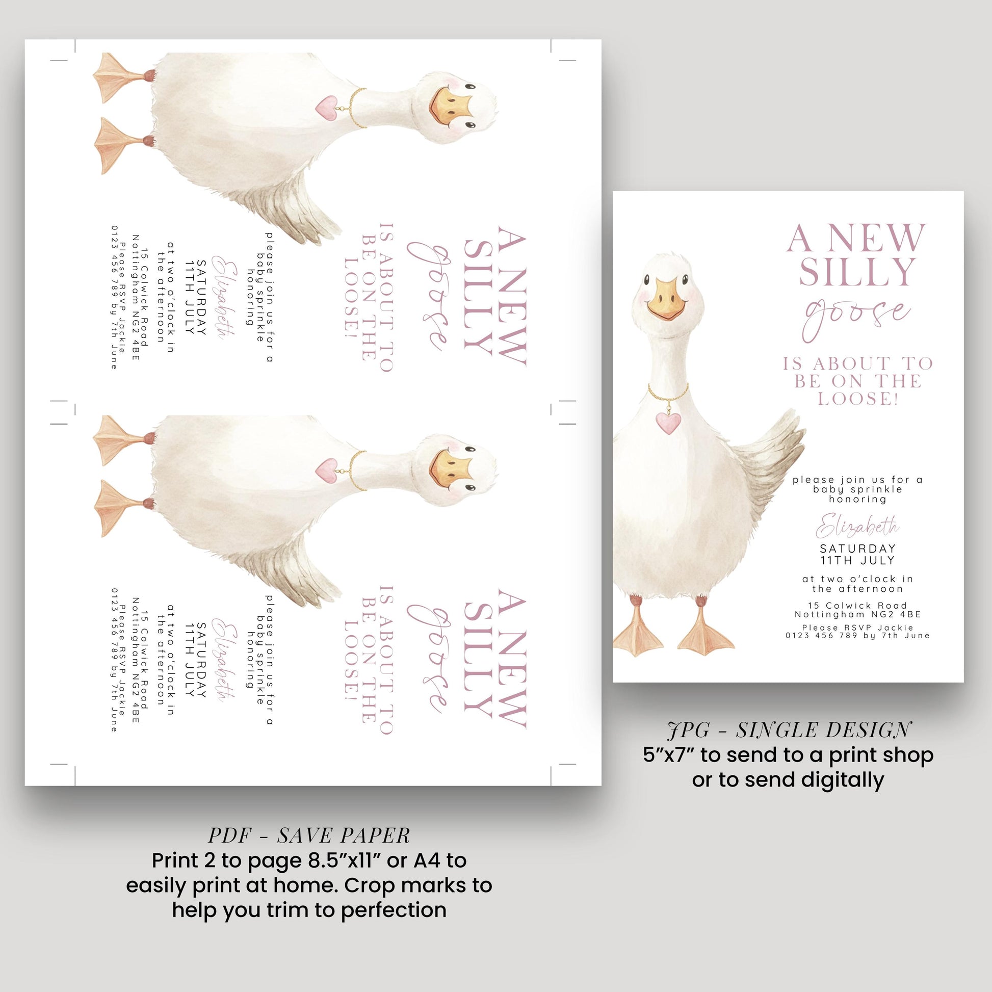 Baby Sprinkle Invitation Goose Theme, Pink Baby Shower Invite, Cute Baby Sprinkle, Editable Template SG21