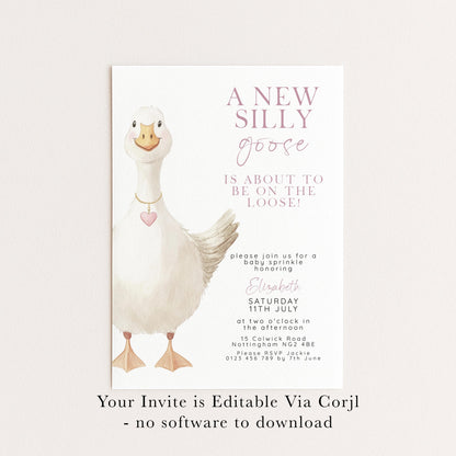 Baby Sprinkle Invitation Goose Theme, Pink Baby Shower Invite, Cute Baby Sprinkle, Editable Template SG21
