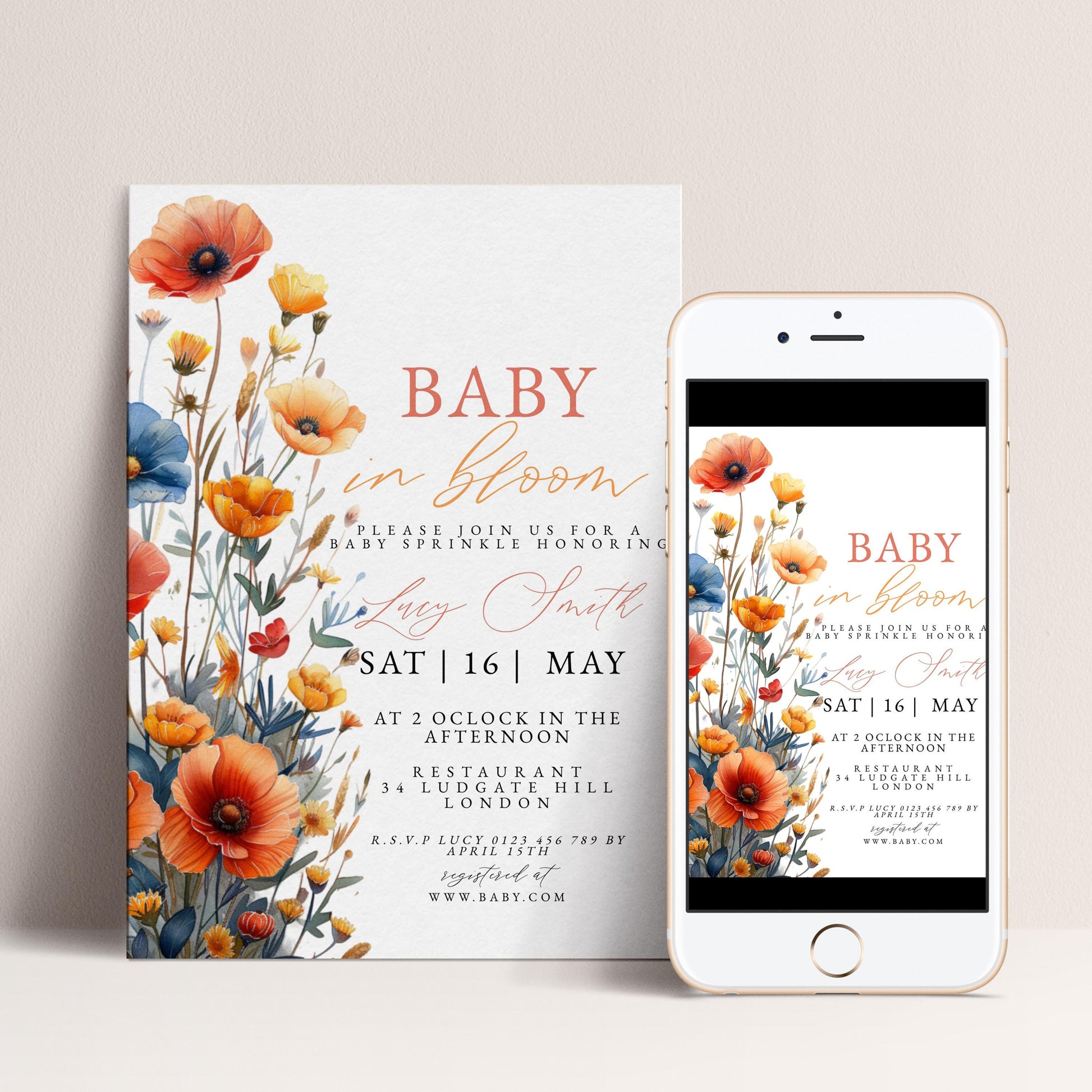 Baby Sprinkle Invitation Wildflower Theme, Boho Baby Shower Invite, Baby in Bloom Shower, Editable Template