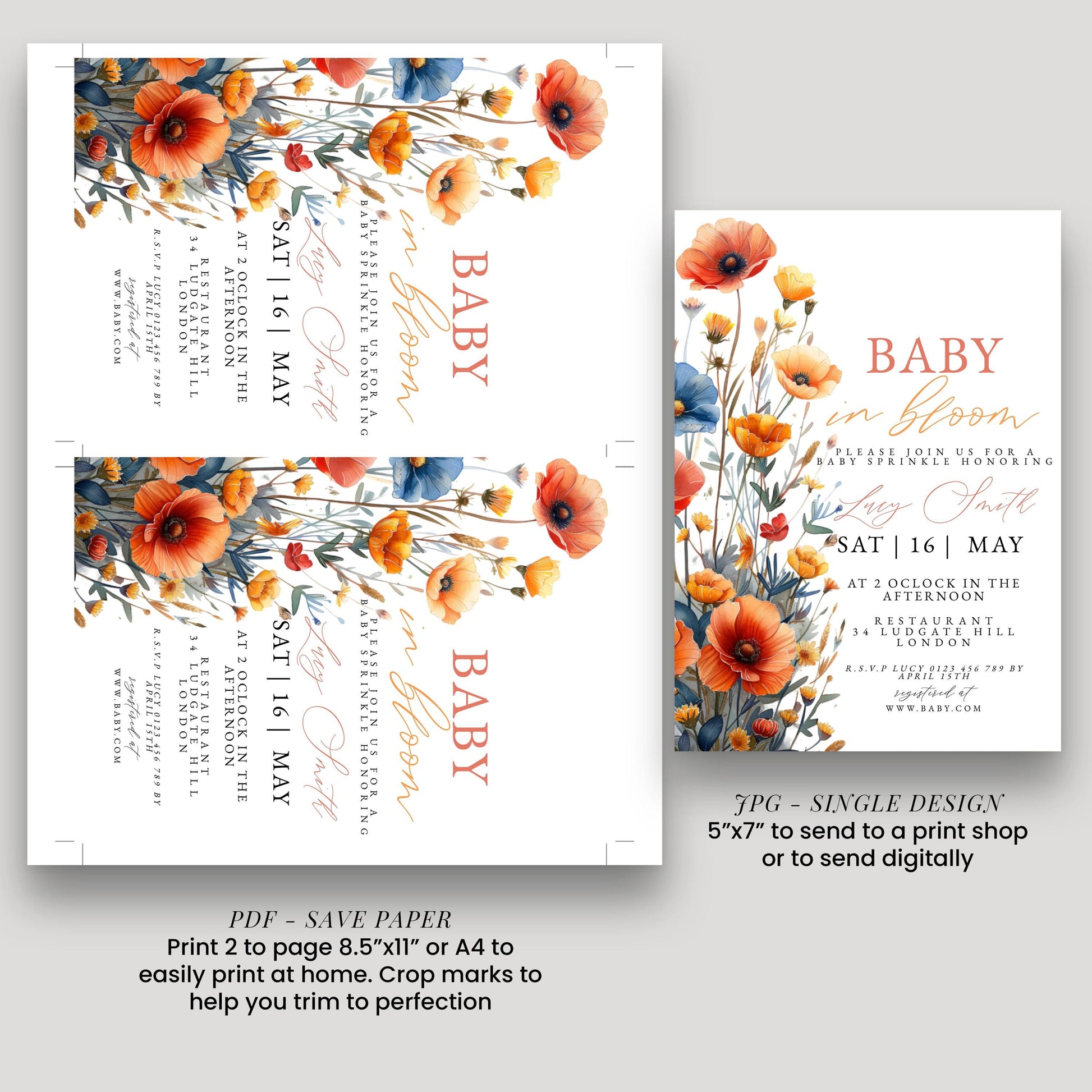 Baby Sprinkle Invitation Wildflower Theme, Boho Baby Shower Invite, Baby in Bloom Shower, Editable Template