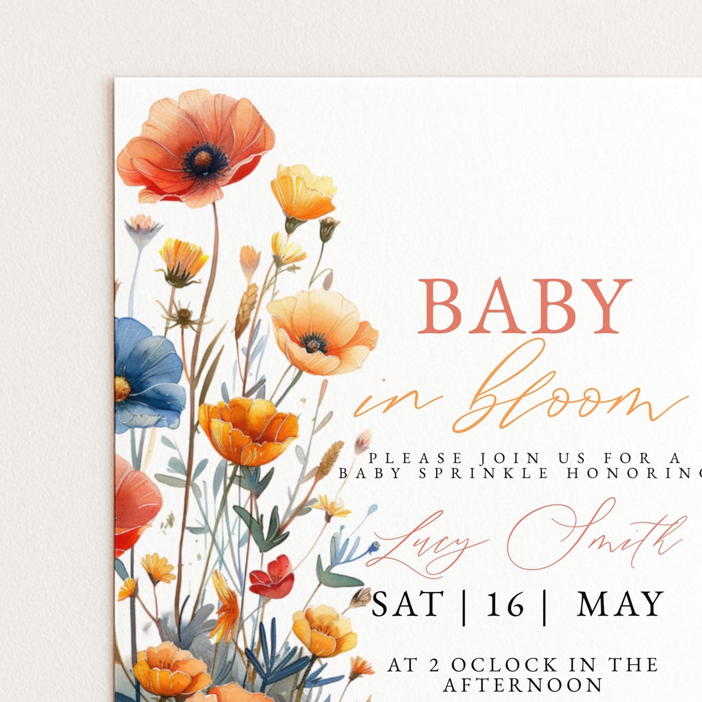 Baby Sprinkle Invitation Wildflower Theme, Boho Baby Shower Invite, Baby in Bloom Shower, Editable Template