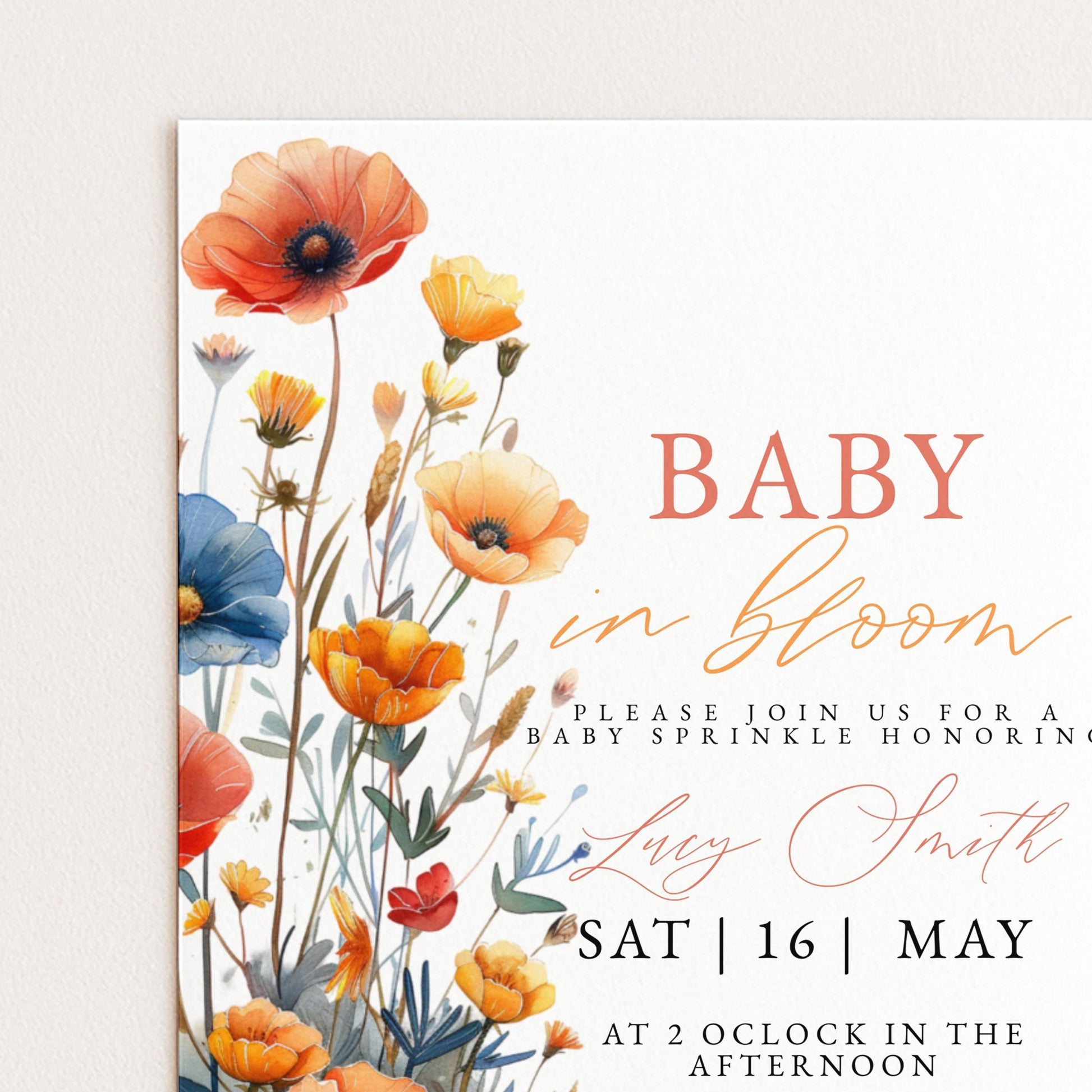 Baby Sprinkle Invitation Wildflower Theme, Boho Baby Shower Invite, Baby in Bloom Shower, Editable Template