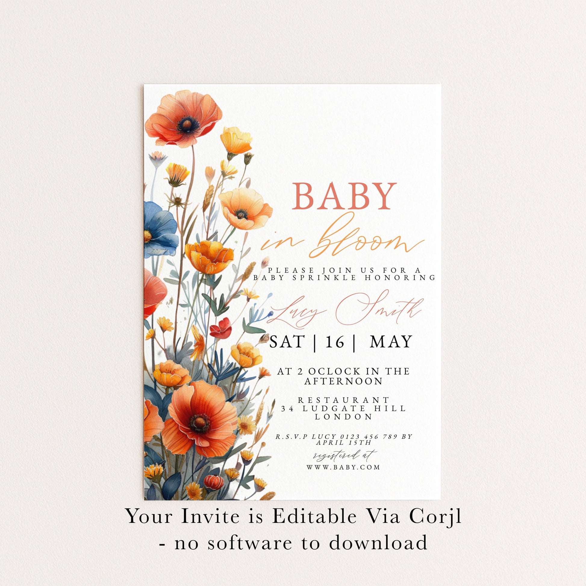 Baby Sprinkle Invitation Wildflower Theme, Boho Baby Shower Invite, Baby in Bloom Shower, Editable Template