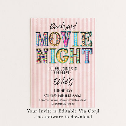 Backyard Movie Night Invitation: Outdoor Cinema Party, Editable Template (Digital Download)