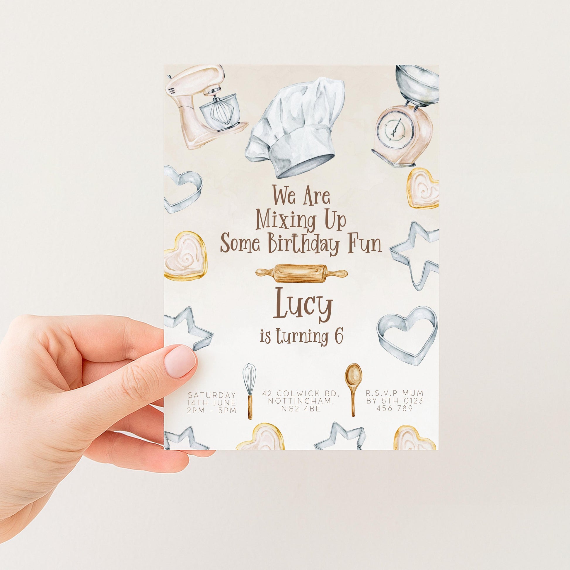 The image is a birthday invitation for a child named Lucy, who is turning 6 years old. The invitation features illustrations of baking tools and decorations, along with the text "We are mixing up some birthday fun" and "Lucy is turning 6".
