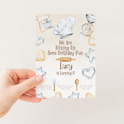 The image is a birthday invitation for a child named Lucy, who is turning 6 years old. The invitation features illustrations of baking tools and decorations, along with the text "We are mixing up some birthday fun" and "Lucy is turning 6".
