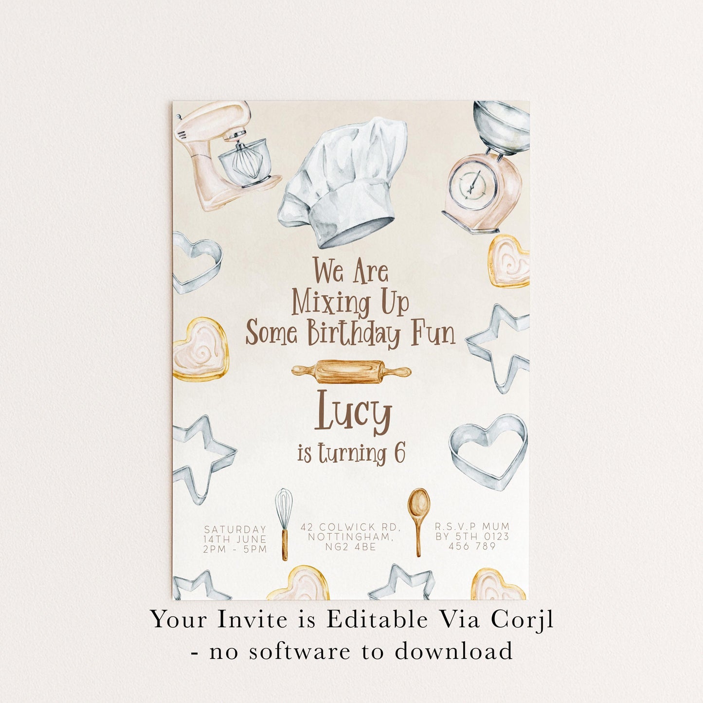 The image is a birthday invitation for a child named Lucy, who is turning 6 years old. The invitation features illustrations of baking tools and shapes, along with the text "We Are Mixing Up Some Birthday Fun" and "Lucy is turning 6".