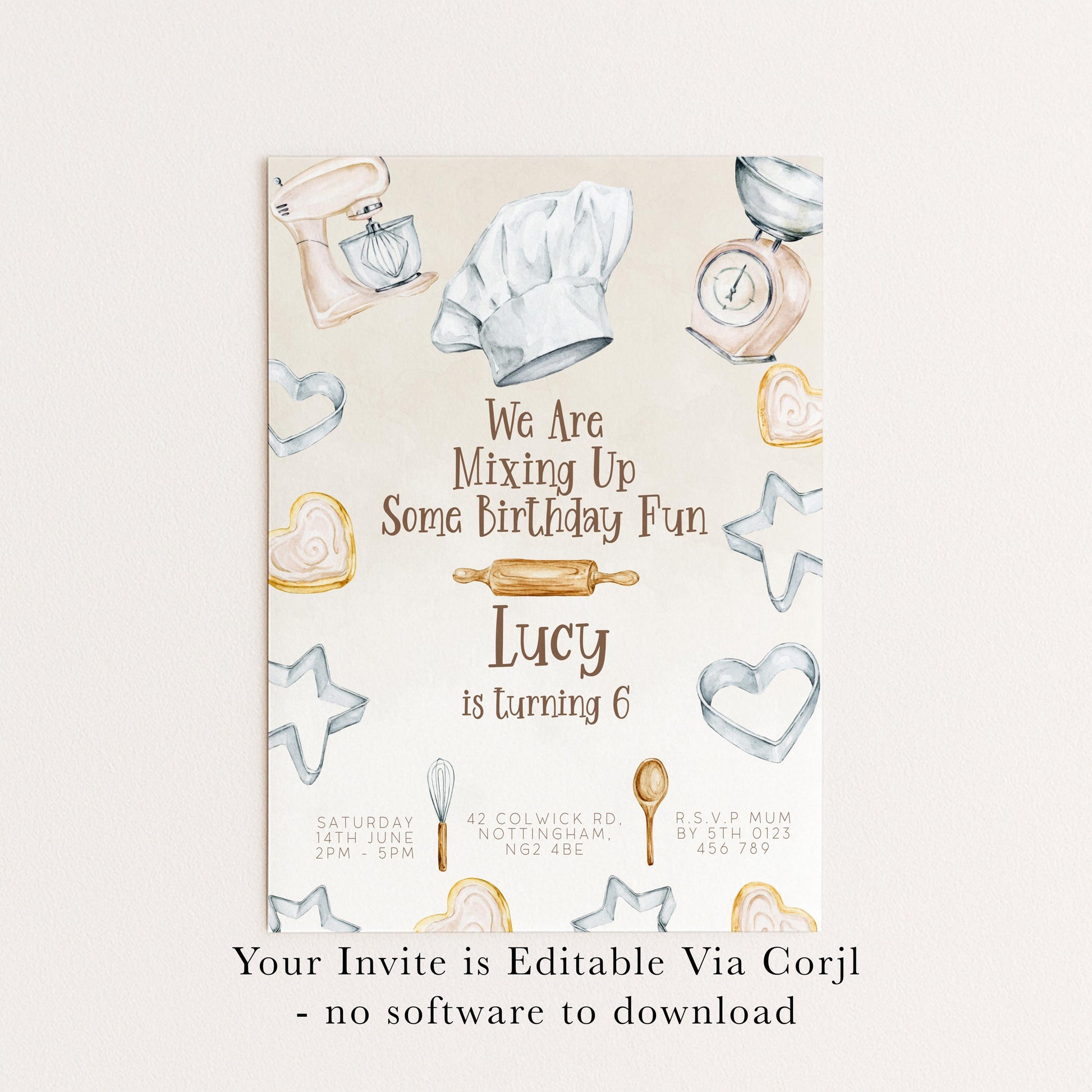 The image is a birthday invitation for a child named Lucy, who is turning 6 years old. The invitation features illustrations of baking tools and shapes, along with the text "We Are Mixing Up Some Birthday Fun" and "Lucy is turning 6".