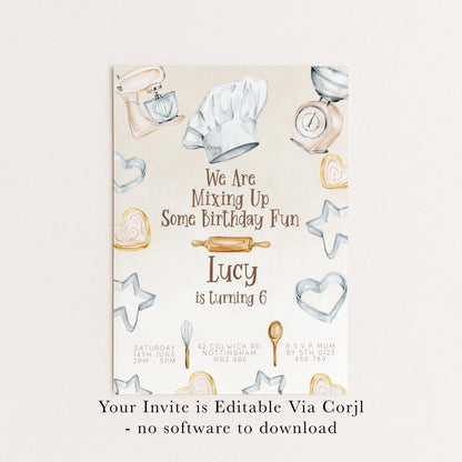 The image is a birthday invitation for a child named Lucy, who is turning 6 years old. The invitation features illustrations of baking tools and shapes, along with the text "We Are Mixing Up Some Birthday Fun" and "Lucy is turning 6".