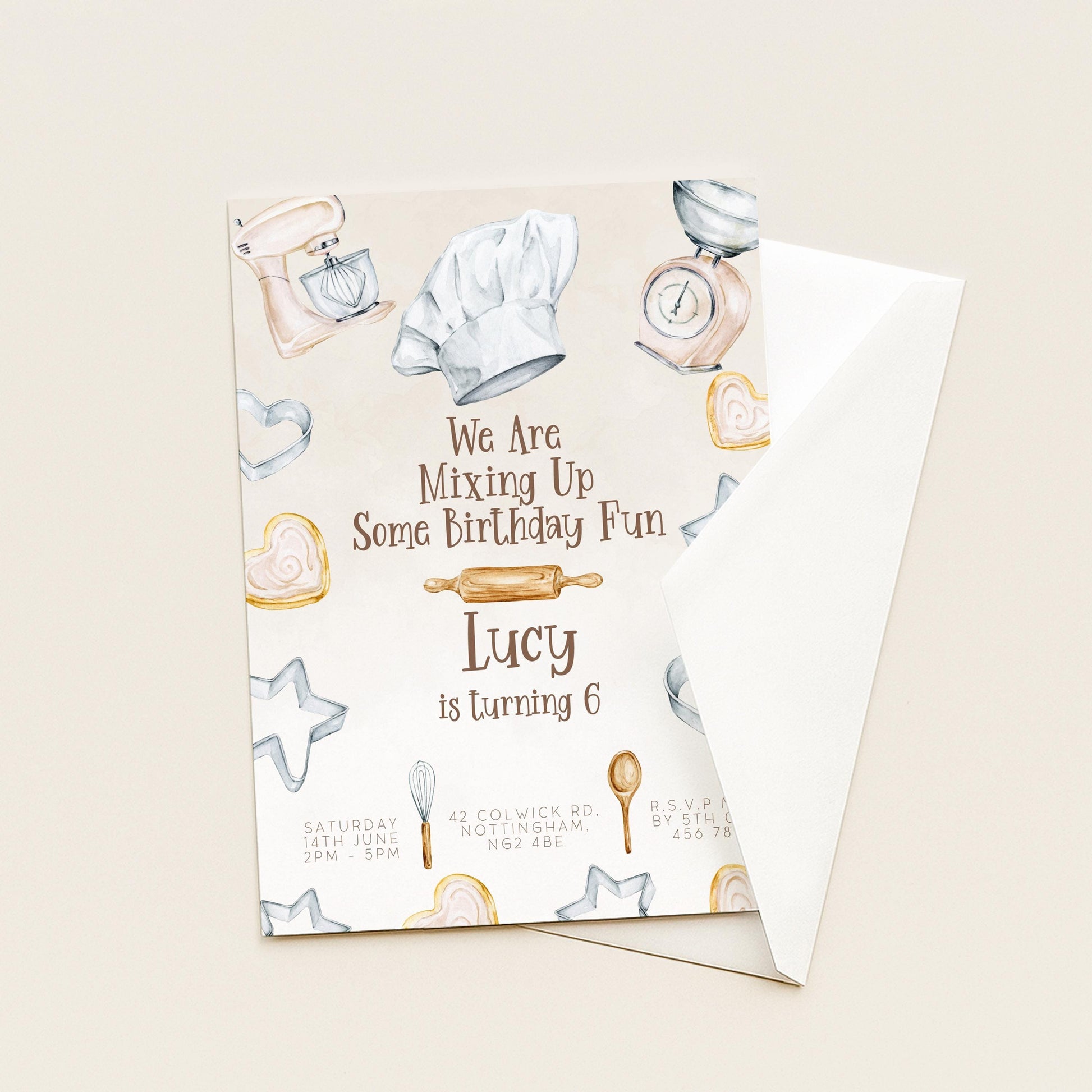 The image is a birthday invitation for a child named Lucy, who is turning 6 years old. The invitation features illustrations of kitchen items such as a chef's hat, mixer, and measuring cups, along with the text "We Are Mixing Up Some Birthday Fun" and "Lucy is turning 6".