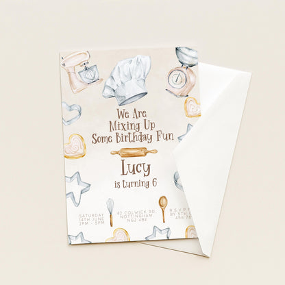 The image is a birthday invitation for a child named Lucy, who is turning 6 years old. The invitation features illustrations of kitchen items such as a chef's hat, mixer, and measuring cups, along with the text "We Are Mixing Up Some Birthday Fun" and "Lucy is turning 6".