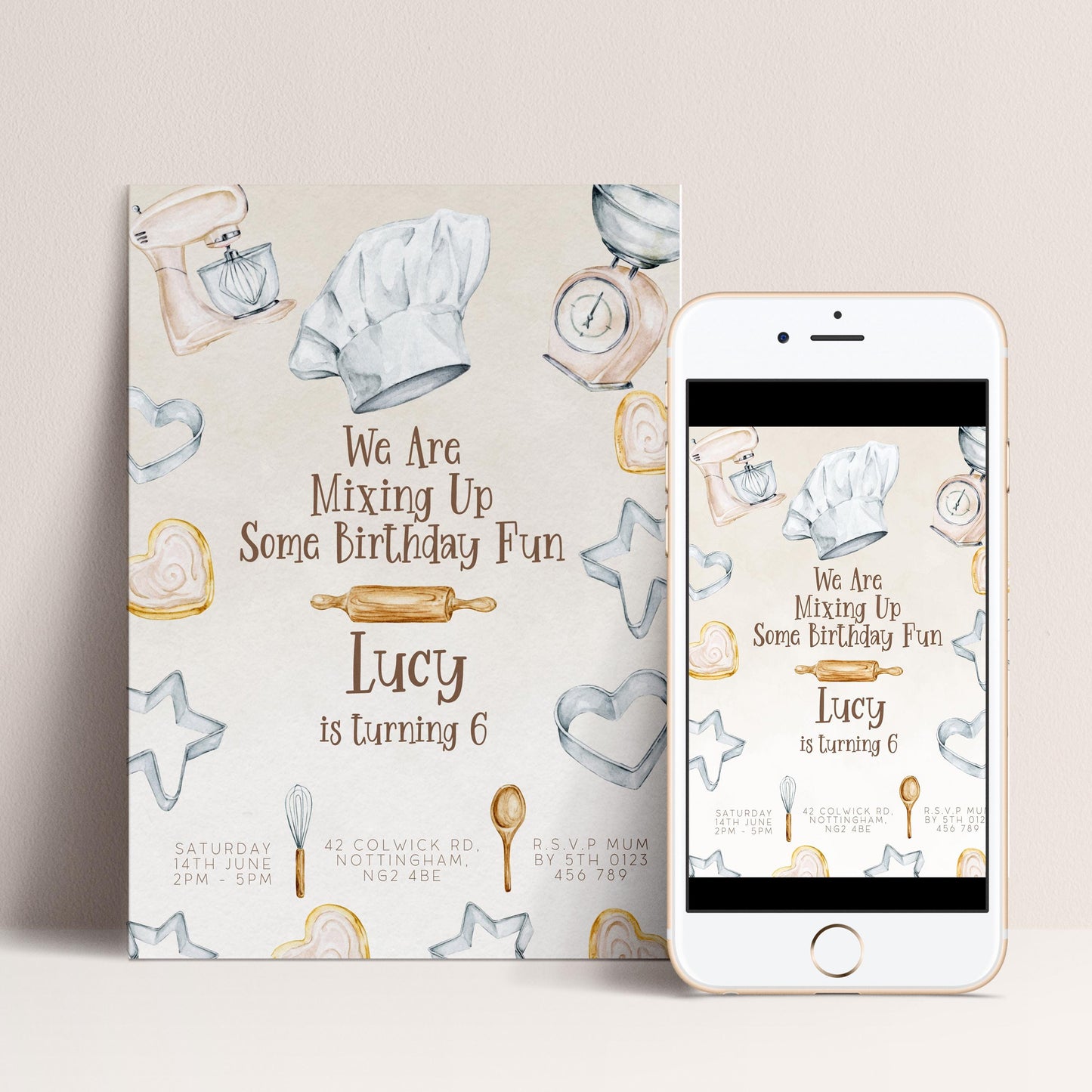 The image is a birthday invitation for a child named Lucy, who is turning 6 years old. The invitation features illustrations of kitchen utensils and food items, such as a mixer, a rolling pin, and a cake, along with the text "We Are Mixing Up Some Birthday Fun" and "Lucy is Turning 6".