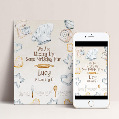 The image is a birthday invitation for a child named Lucy, who is turning 6 years old. The invitation features illustrations of kitchen utensils and food items, such as a mixer, a rolling pin, and a cake, along with the text "We Are Mixing Up Some Birthday Fun" and "Lucy is Turning 6".