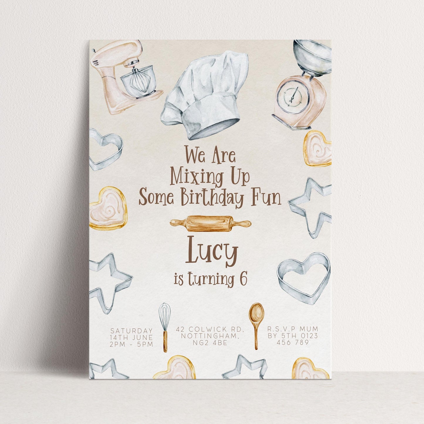 The image is a birthday invitation for a child named Lucy, who is turning 6 years old. The invitation features illustrations of baking tools and decorations, along with the text "We Are Mixing Up Some Birthday Fun" and "Lucy is turning 6".