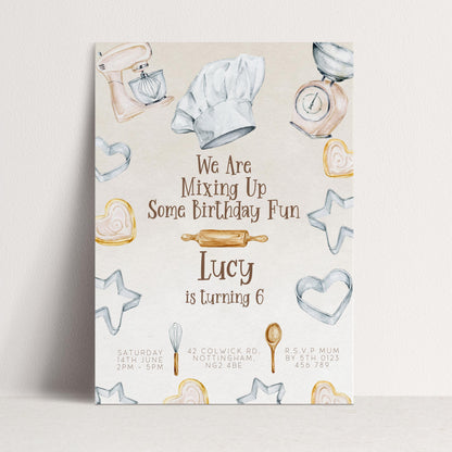 The image is a birthday invitation for a child named Lucy, who is turning 6 years old. The invitation features illustrations of baking tools and decorations, along with the text "We Are Mixing Up Some Birthday Fun" and "Lucy is turning 6".