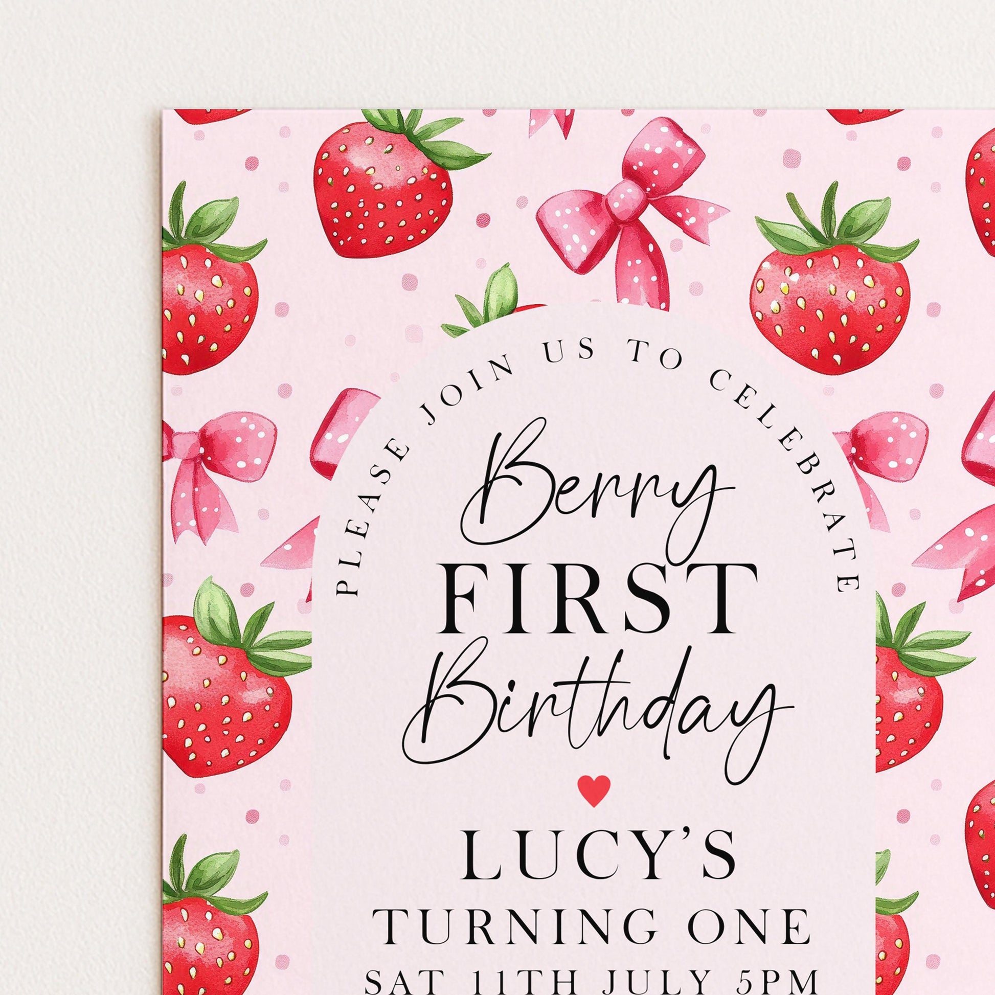 Berry First Birthday Invitation: Strawberry 1st Birthday Girl Invite (Editable Template)