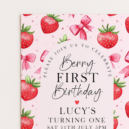 Berry First Birthday Invitation: Strawberry 1st Birthday Girl Invite (Editable Template)