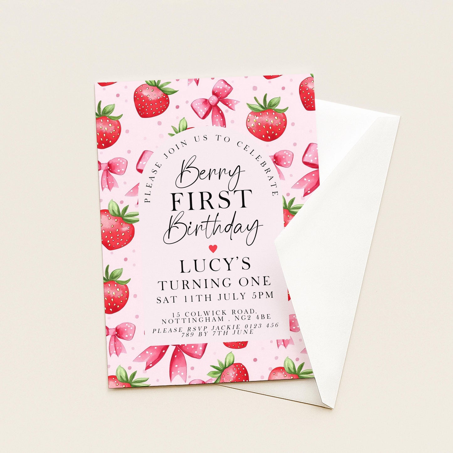 Berry First Birthday Invitation: Strawberry 1st Birthday Girl Invite (Editable Template)
