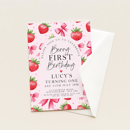 Berry First Birthday Invitation: Strawberry 1st Birthday Girl Invite (Editable Template)