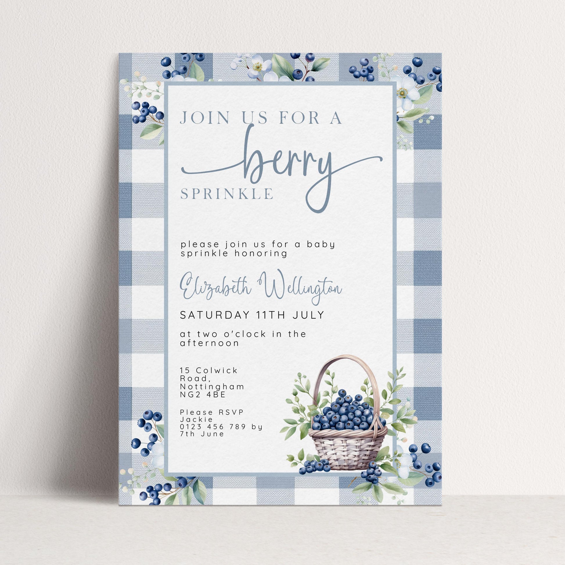 Berry Sprinkle Baby Shower Invitation Download – Blueberry Gingham Digital Download Invite, Cute Editable Baby Sprinkle Template BL21