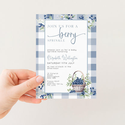 Berry Sprinkle Baby Shower Invitation Download – Blueberry Gingham Digital Download Invite, Cute Editable Baby Sprinkle Template BL21