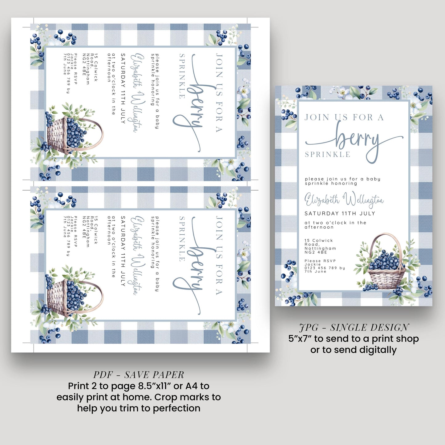 Berry Sprinkle Baby Shower Invitation Download – Blueberry Gingham Digital Download Invite, Cute Editable Baby Sprinkle Template BL21