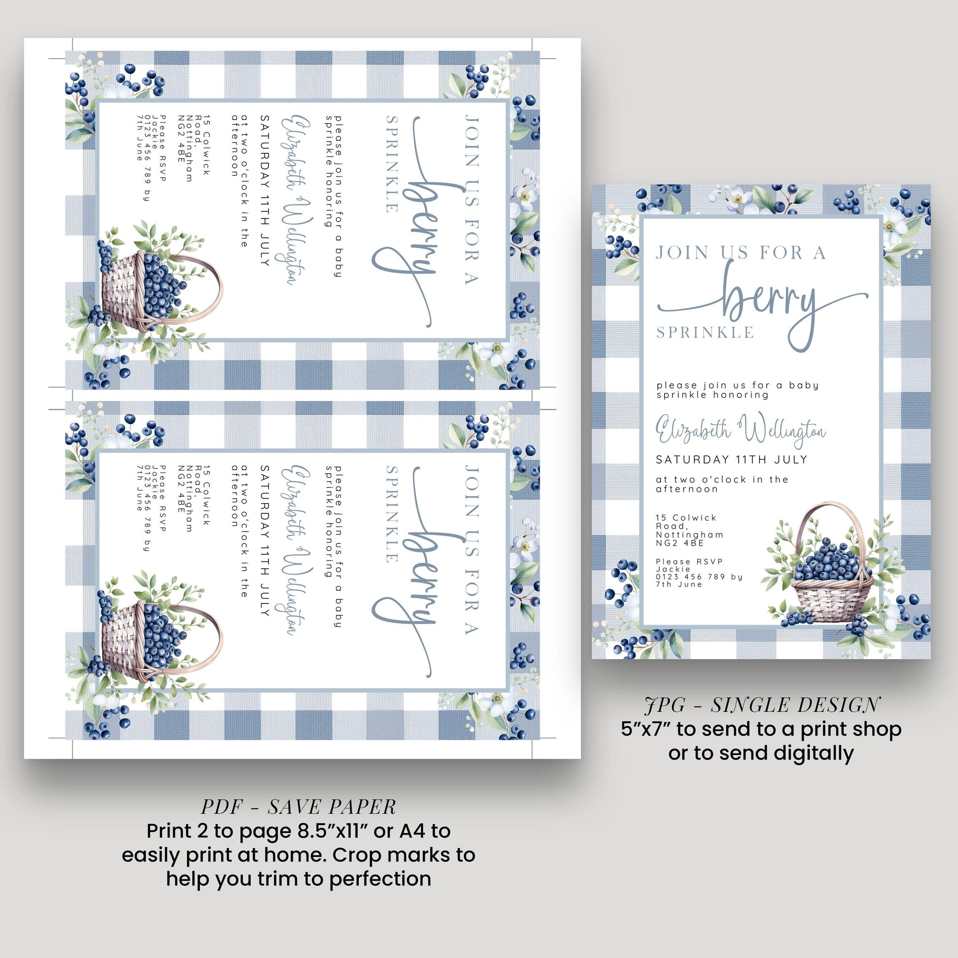 Berry Sprinkle Baby Shower Invitation Download – Blueberry Gingham Digital Download Invite, Cute Editable Baby Sprinkle Template BL21