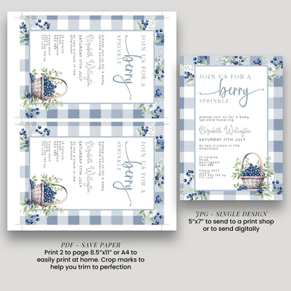 Berry Sprinkle Baby Shower Invitation Download – Blueberry Gingham Digital Download Invite, Cute Editable Baby Sprinkle Template BL21