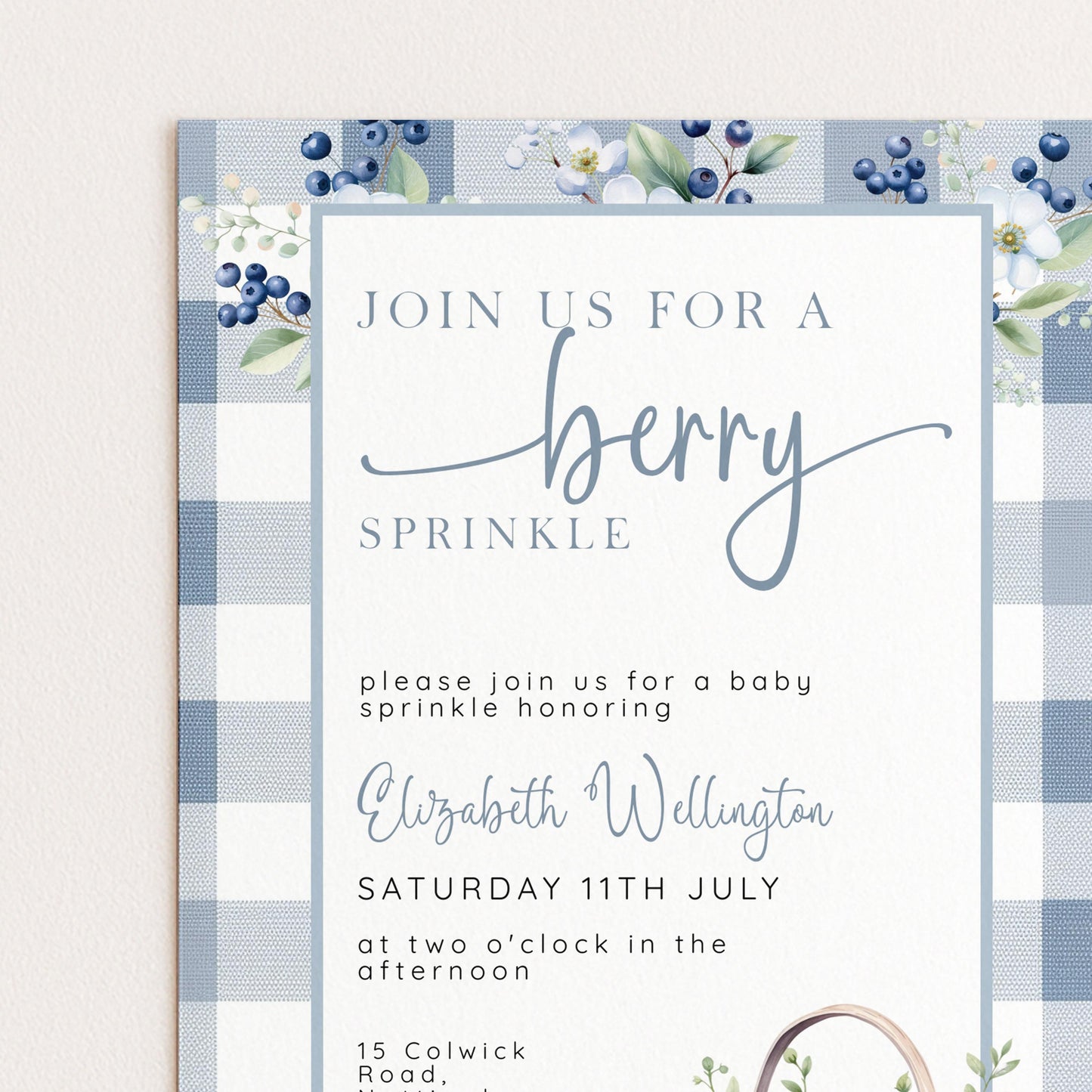 Berry Sprinkle Baby Shower Invitation Download – Blueberry Gingham Digital Download Invite, Cute Editable Baby Sprinkle Template BL21
