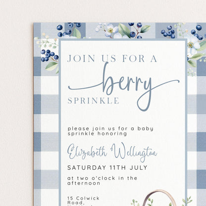 Berry Sprinkle Baby Shower Invitation Download – Blueberry Gingham Digital Download Invite, Cute Editable Baby Sprinkle Template BL21