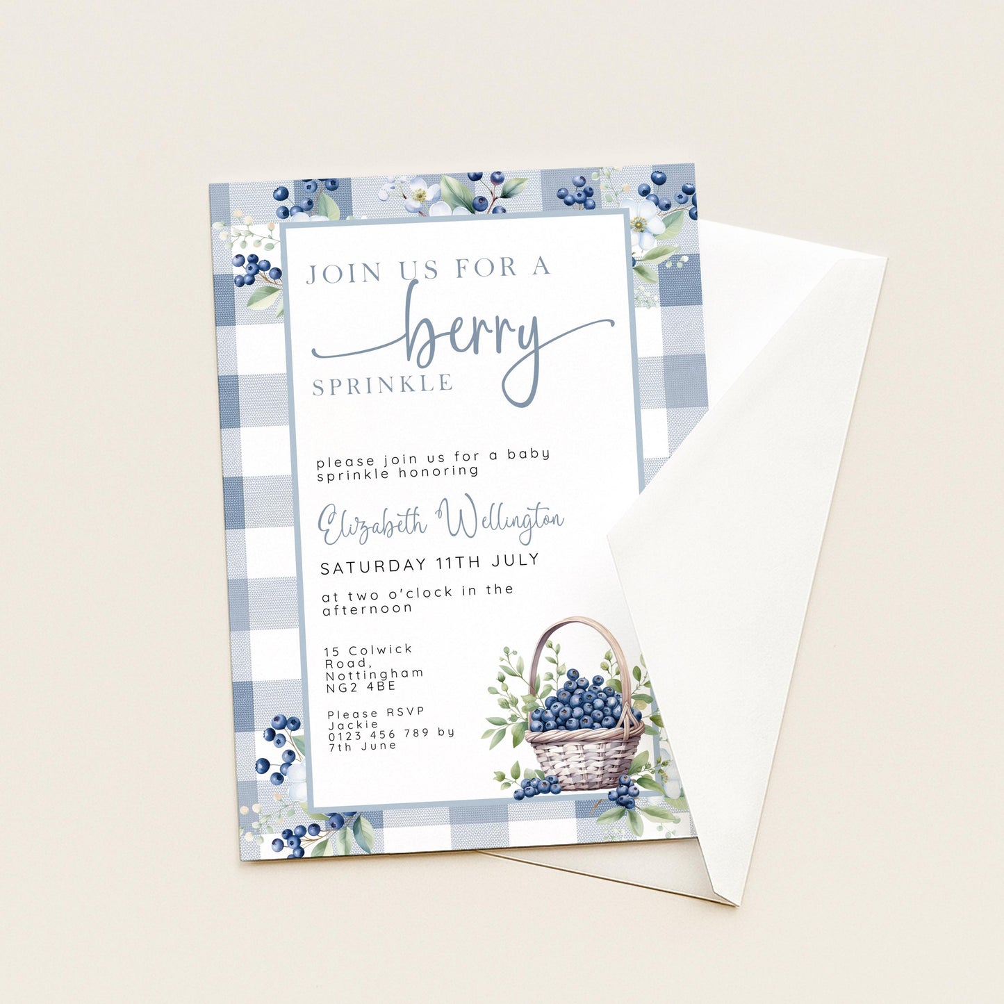 Berry Sprinkle Baby Shower Invitation Download – Blueberry Gingham Digital Download Invite, Cute Editable Baby Sprinkle Template BL21